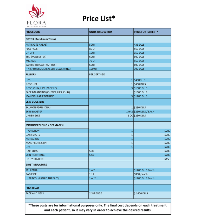 Flora Spa Price List - Hospital Azar